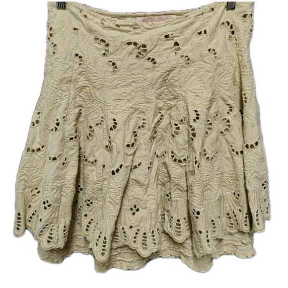 Miss Me Skirt Size L Beige Eyelet Ruffles Floral Trim Side Zip Cotton Lined - Picture 1 of 9